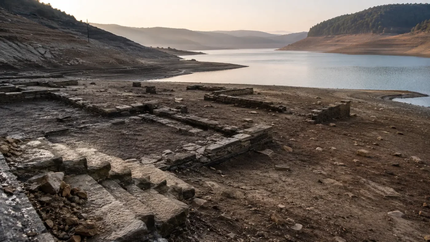 Low reservoir exposing stone foundations and a former road along the shoreline