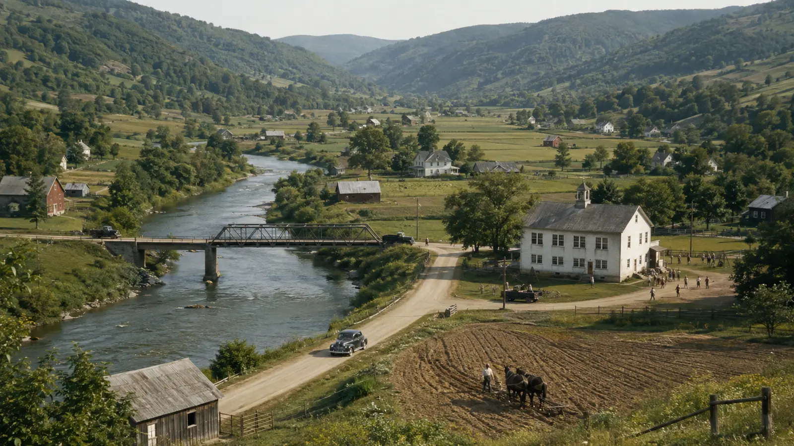 Farms homes school and river road in a valley before reservoir construction