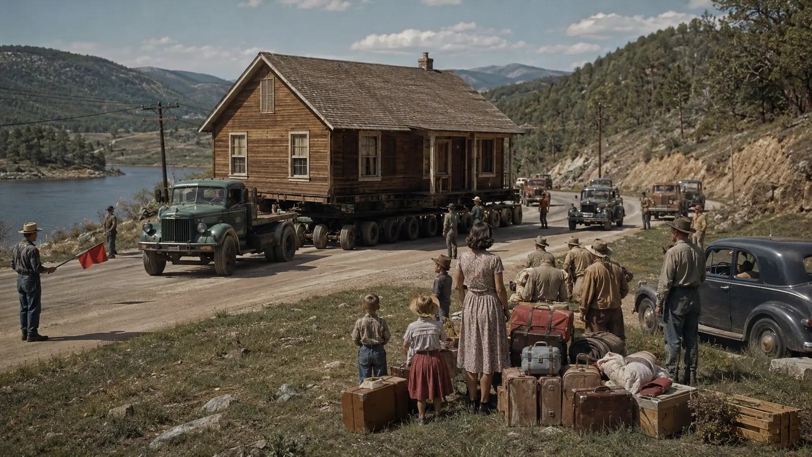 Timber house being relocated from a valley before reservoir flooding