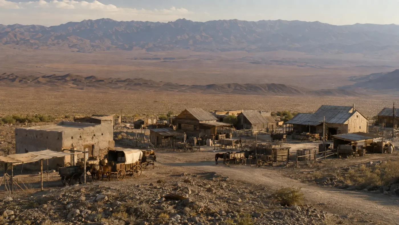 Ballarat supply settlement with freight wagons beneath the Panamint Range in the early 1900s