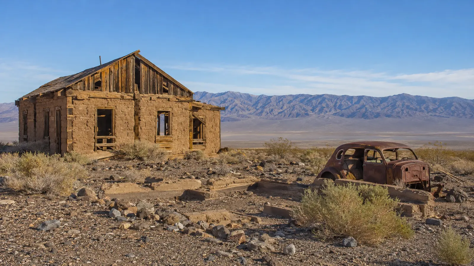 Weathered Ballarat structures seen from a public roadside in Panamint Valley