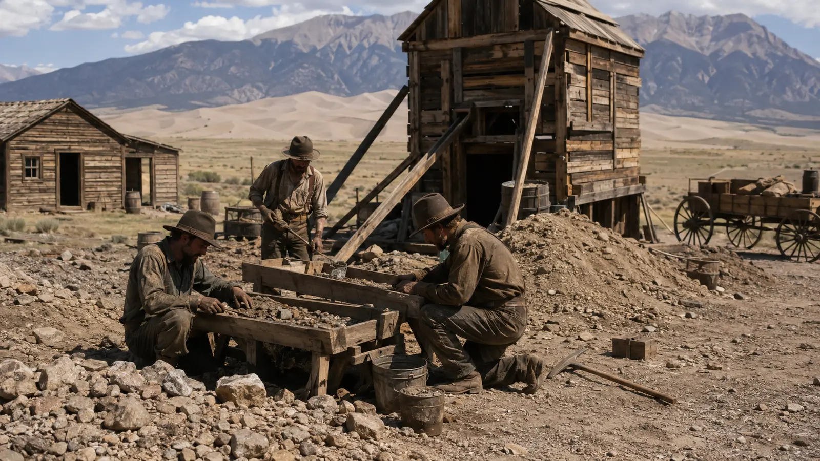 Prospectors working a small claim beside tents and an ore cart in Colorado