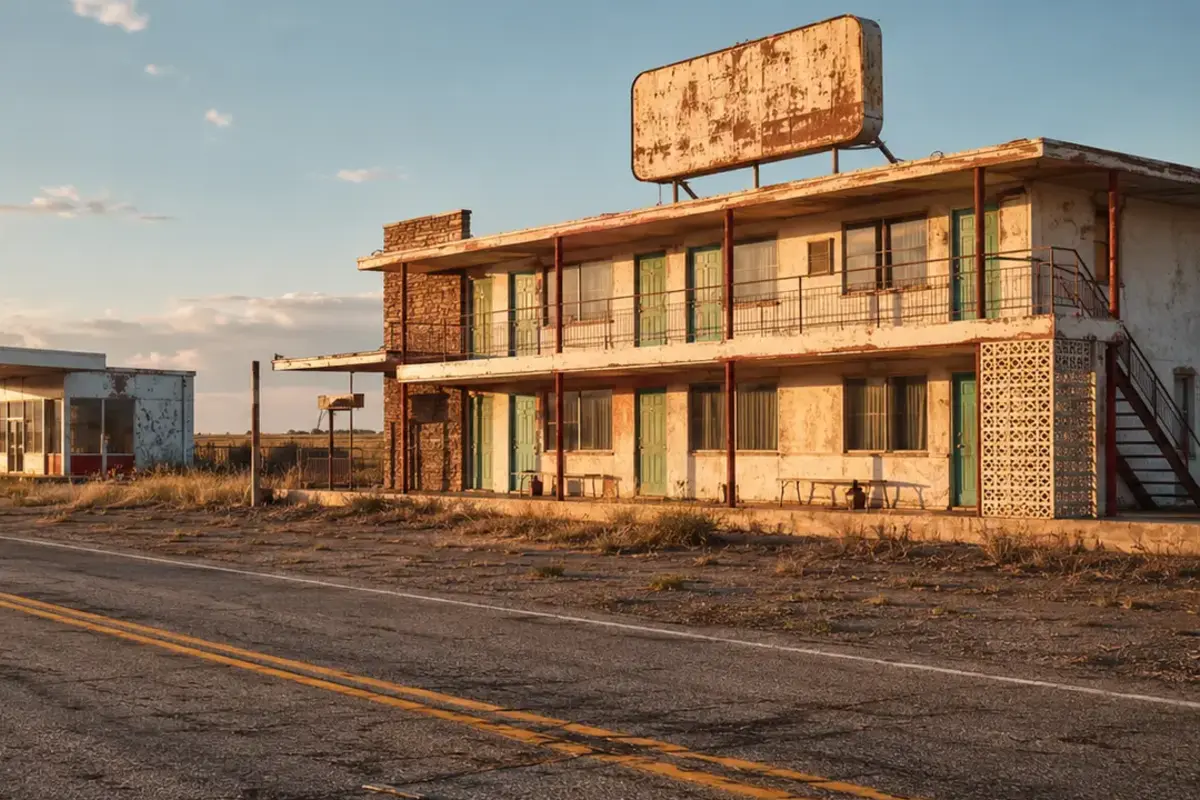 Glenrio: The Route 66 Town the Interstate Left Behind — AI-assisted editorial illustration