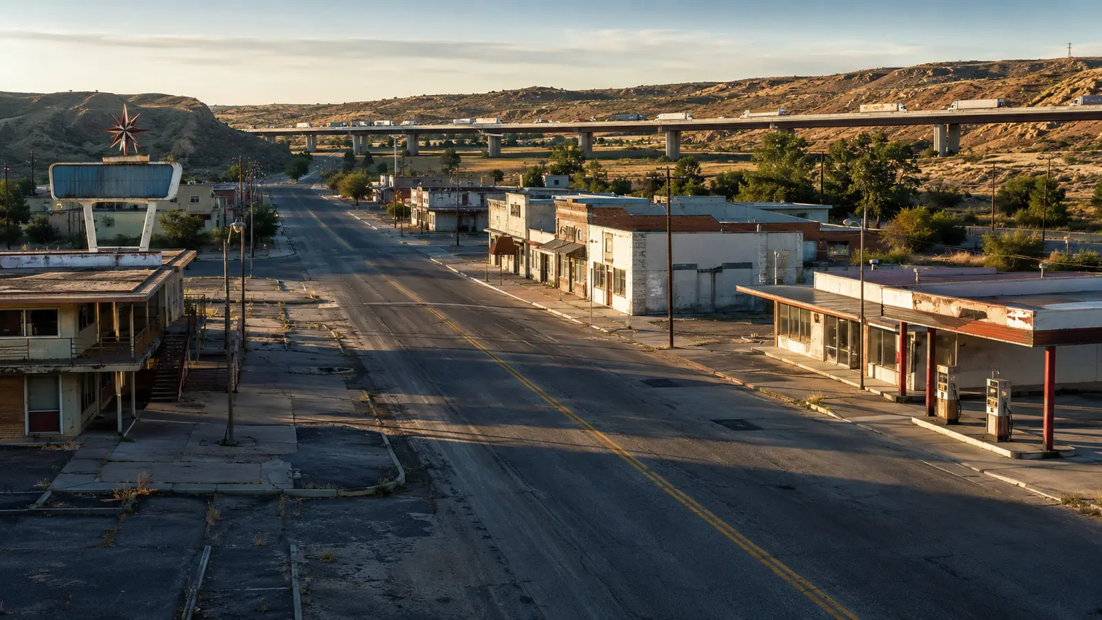 How Interstate Highways Created America’s Bypassed Towns — AI-assisted editorial illustration