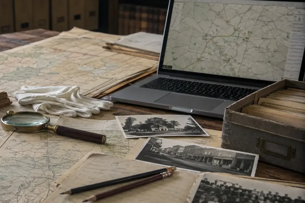 How to Research a Forgotten Town Using Maps, Archives and Photographs — AI-assisted editorial illustration