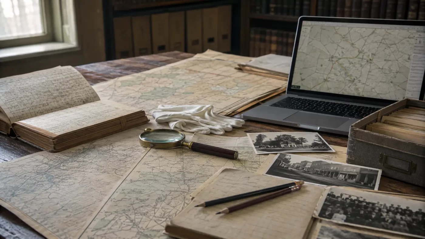 How to Research a Forgotten Town Using Maps, Archives and Photographs — AI-assisted editorial illustration
