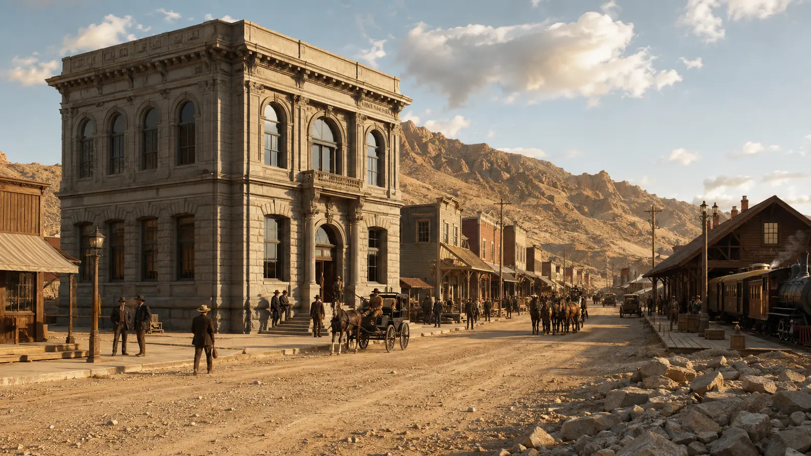 Rhyolite: Nevada’s Spectacular Gold-Rush Rise and Collapse — AI-assisted editorial illustration